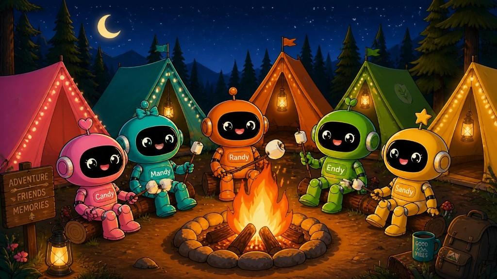 AI ekibi gece kamp ateşi etrafında