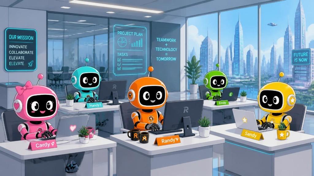 AI ekibi futuristik ofiste bilgisayar başında çalışıyor