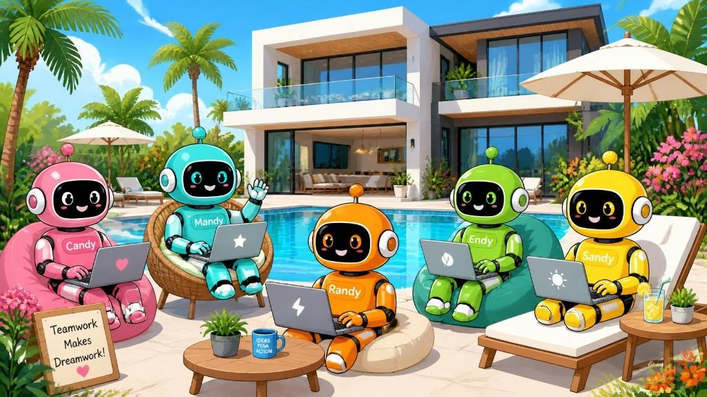 Beş renkli AI ekip robotu havuz kenarında birlikte çalışıyor
